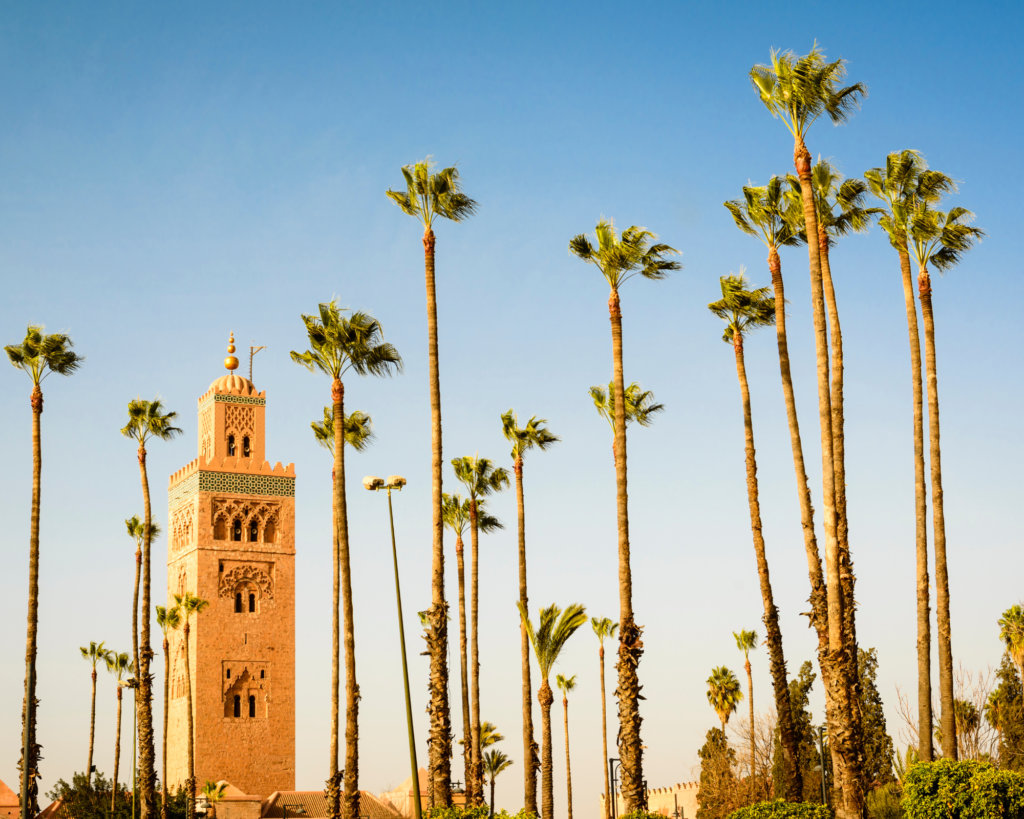 Minaret de la Koutoubia à Marrakech, palmiers, ciel bleu