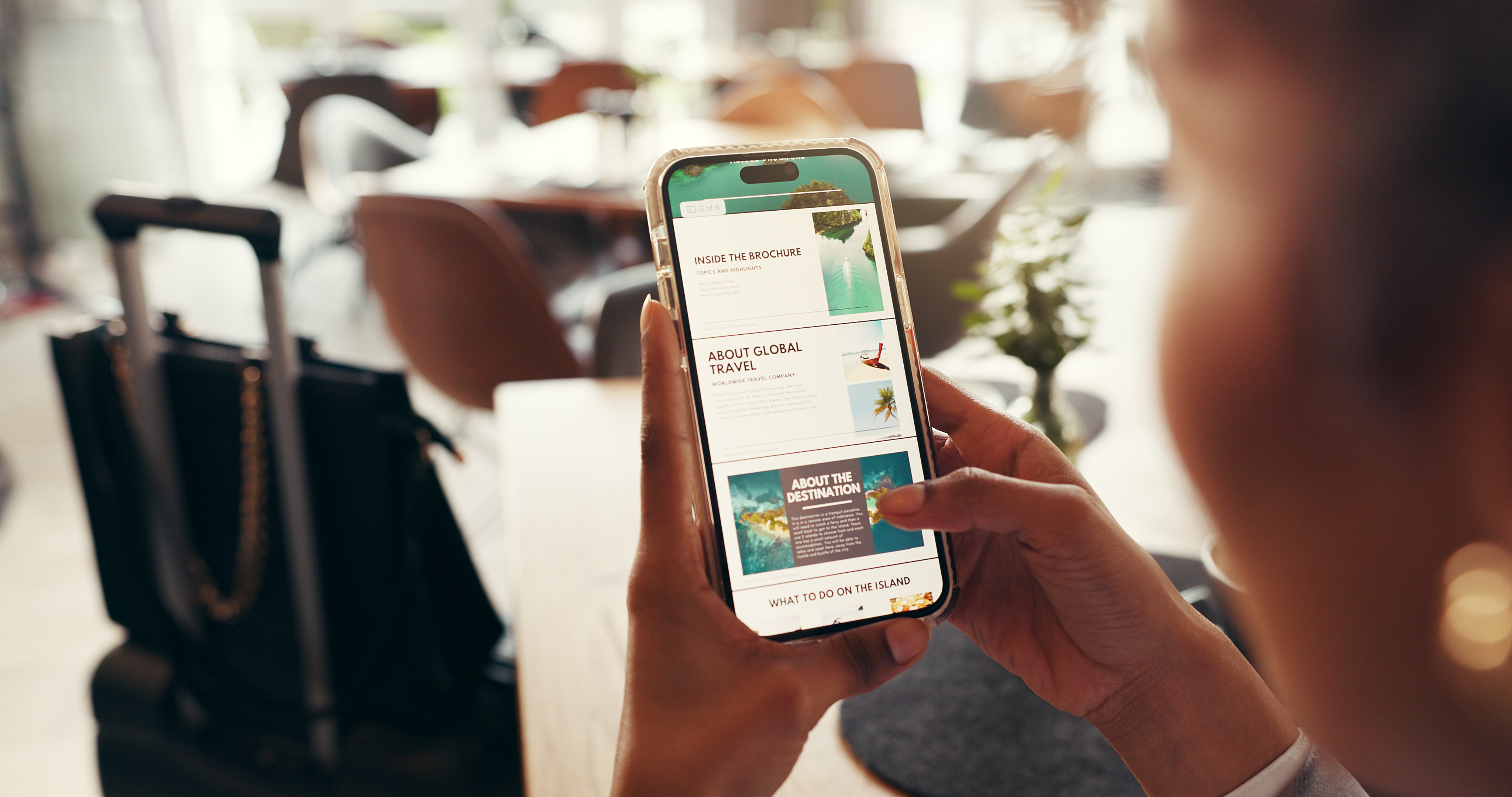 Travel, research and phone screen with hands of woman for holiday planning, blog and tourism. Vacation website, destination guide and newsletter with person in airport lounge for accommodation review.