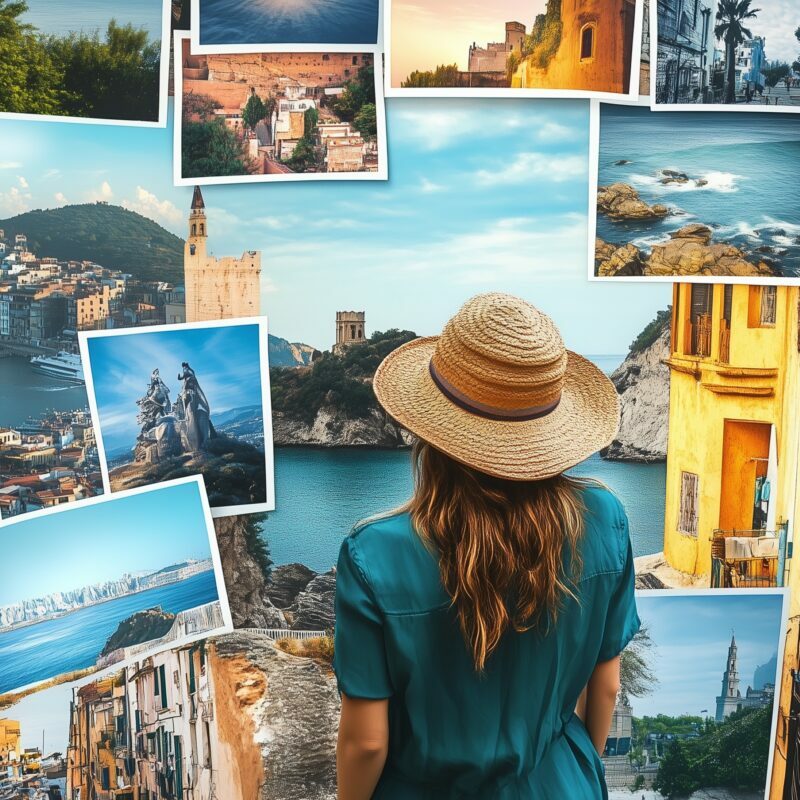 Collage of printed travel photos